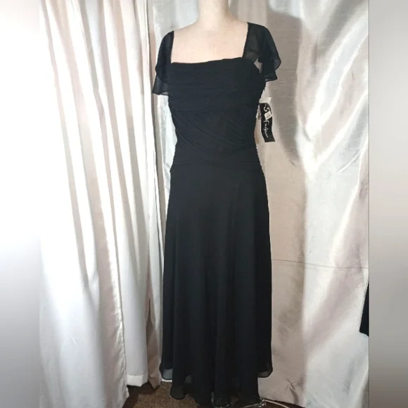 S.L Fashions Tag Maxi Dress, Black, Fohrmal Square Neck, Pleated, Sheer, 8 - Picture 3 of 15